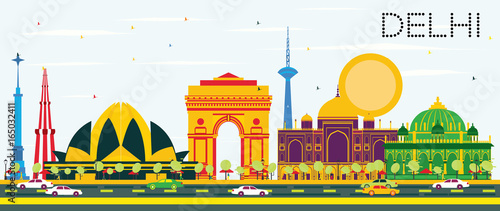 Delhi India Skyline with Color Buildings and Blue Sky.