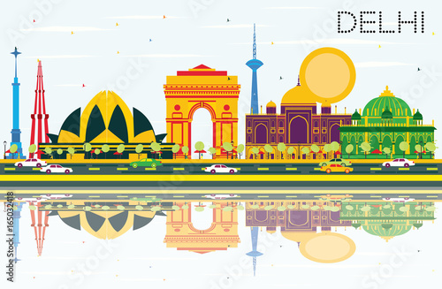 Delhi India Skyline with Color Buildings, Blue Sky and Reflections.