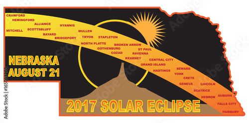2017 Solar Eclipse Across Nebraska Cities Map vector Illustration