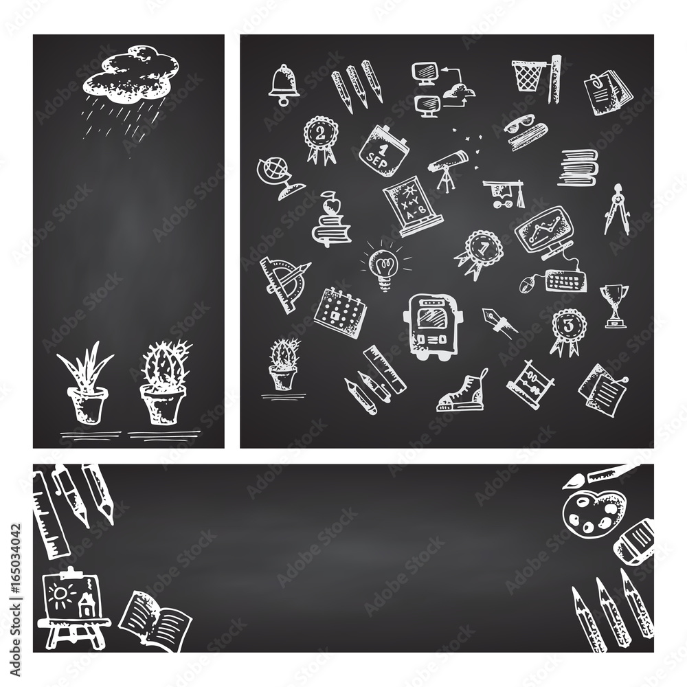 Back to school. Set web banner. Hand drawn school icons and symbols on black chalkboard. With place for your text Back to school. Set web banner. Hand drawn school icons and symbols on black chalkboard. With place for your text