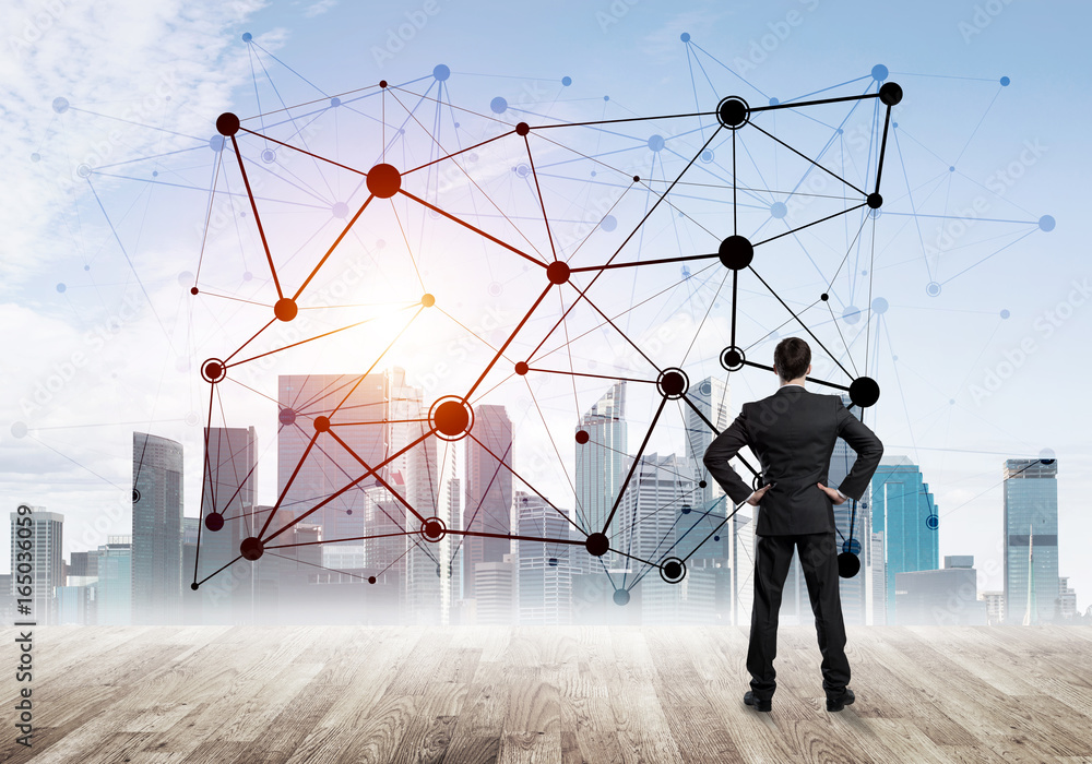 International business networking and social connection against modern city background International business networking and social connection against modern city background