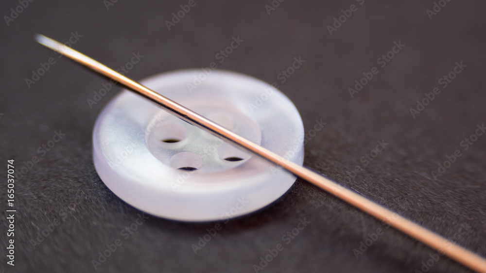 Close up of button and sewing needle. Close up of button and sewing needle.