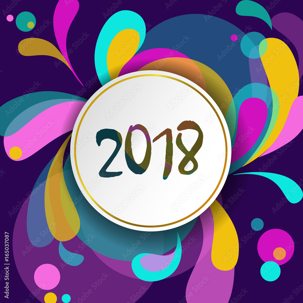 New year 2018 Greeting Card Template. Motion Dynamic Shapes Curl Design. Colorful geometric background white number. Purple pink green color vector illustration New year 2018 Greeting Card Template. Motion Dynamic Shapes Curl Design. Colorful geometric background white number. Purple pink green color vector illustration