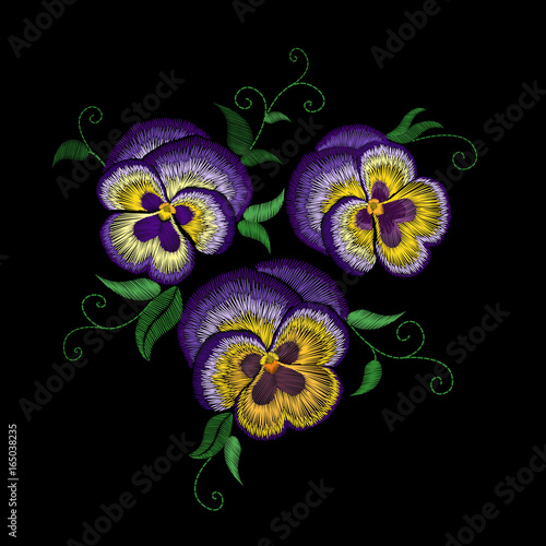 Pansy embroidery flower patch. Stitch texture effect. Traditional floral fashion decoration. Purple violet yellow color black background vector illustration