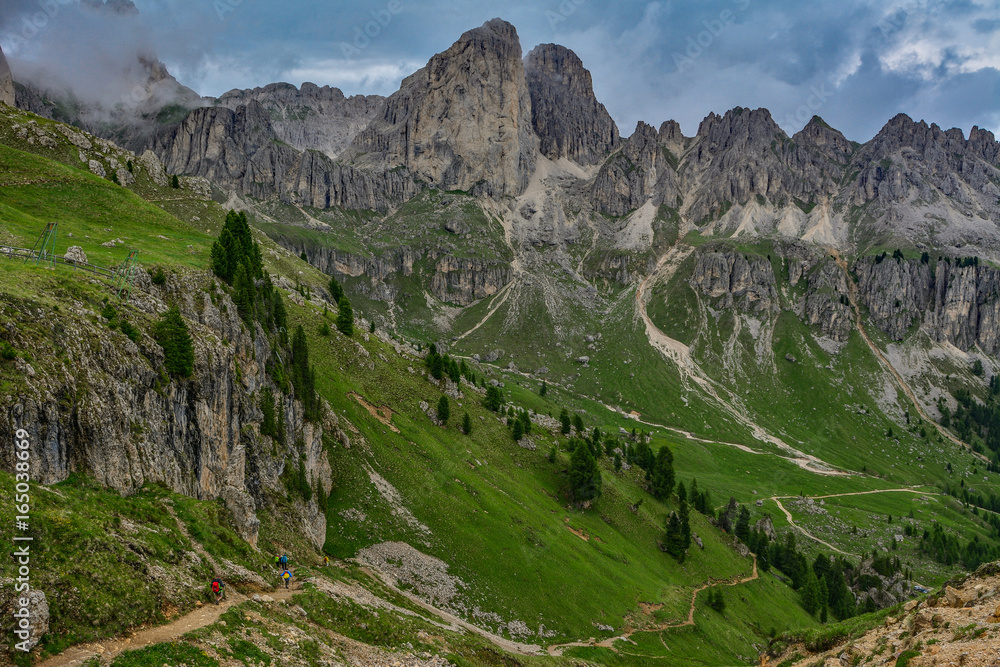 Fototapeta premium Italy South Tyrol Dolomites Rosengarten mountain range hikers