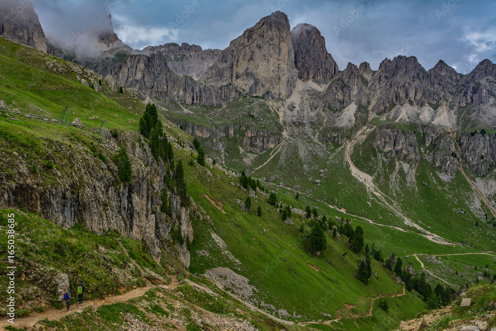 Italy South Tyrol Dolomites Rosengarten mountain range hikers