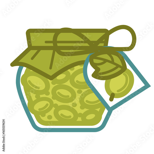 Jar of canned olives with pepper cover and tag