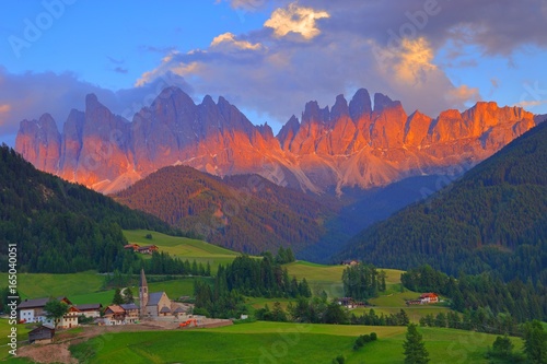 Santa Magdalena village in front of Dolomites Group  Val di Funes  Italy  