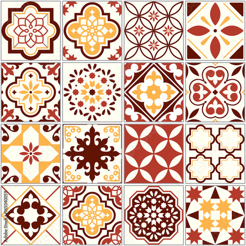 Portuguese vector tiles, Lisbon art pattern, Mediterranean seamless ornament in brown and yellow