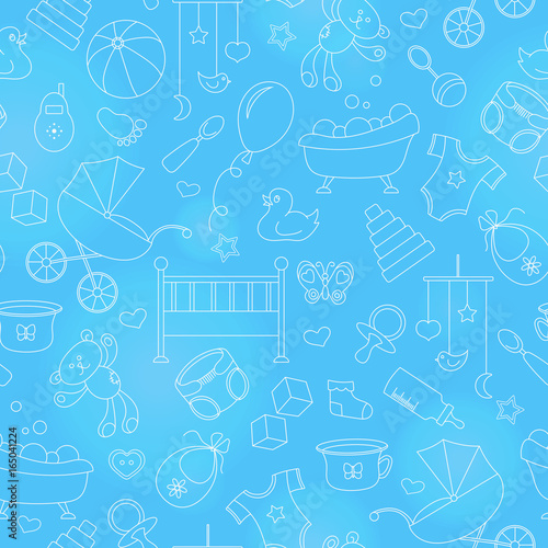 Seamless pattern on the theme of childhood and newborn babies, baby accessories and toys, simple contour icons, white contour on blue background