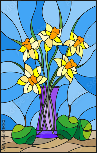 Fototapeta Naklejka Na Ścianę i Meble -  Illustration in stained glass style with bouquets of Narcissus flowers in a blue vase and apples on table on blue background
