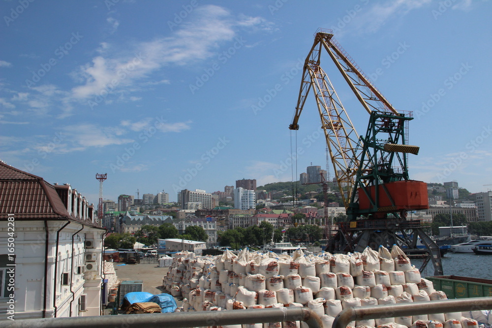 Fototapeta premium Industry, industry, port, work, marine crane, cityscape, object, harbor, cargo, work, sky, blue, clouds, buildings, buildings,