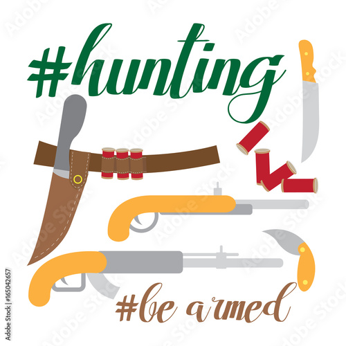 Flat vector illustration of hunter stuff gun, ammunition, hunting knife, hunting belt, with hashtag quotes phrases