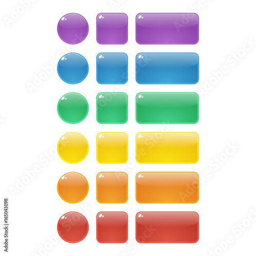 Colorful rounded square, rectangle and circle glossy buttons set, vector assets for web or game design, app icons vector template isolated on white background.