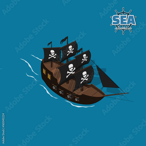 Pirate sailer on a blue background. Sailboat in isometric style. 3d illustration of ancient ship. Corsair game