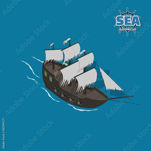 Sailer ghost on a blue background. Sailboat in isometric style. 3d illustration of ancient ship. Pirate game. Vector illustration