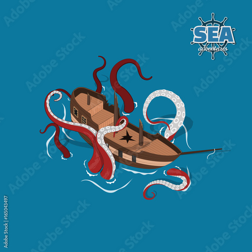 Broken sailer with kraken on blue background. Sailboat in isometric style. 3d illustration of ancient ship. Pirate game