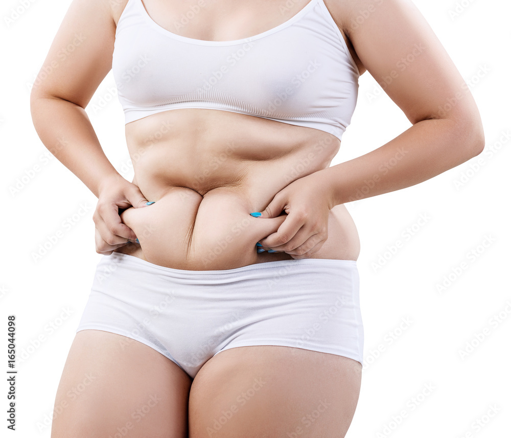 Woman In White Underwear Holds Belly Fat. Stock Photo, Picture and