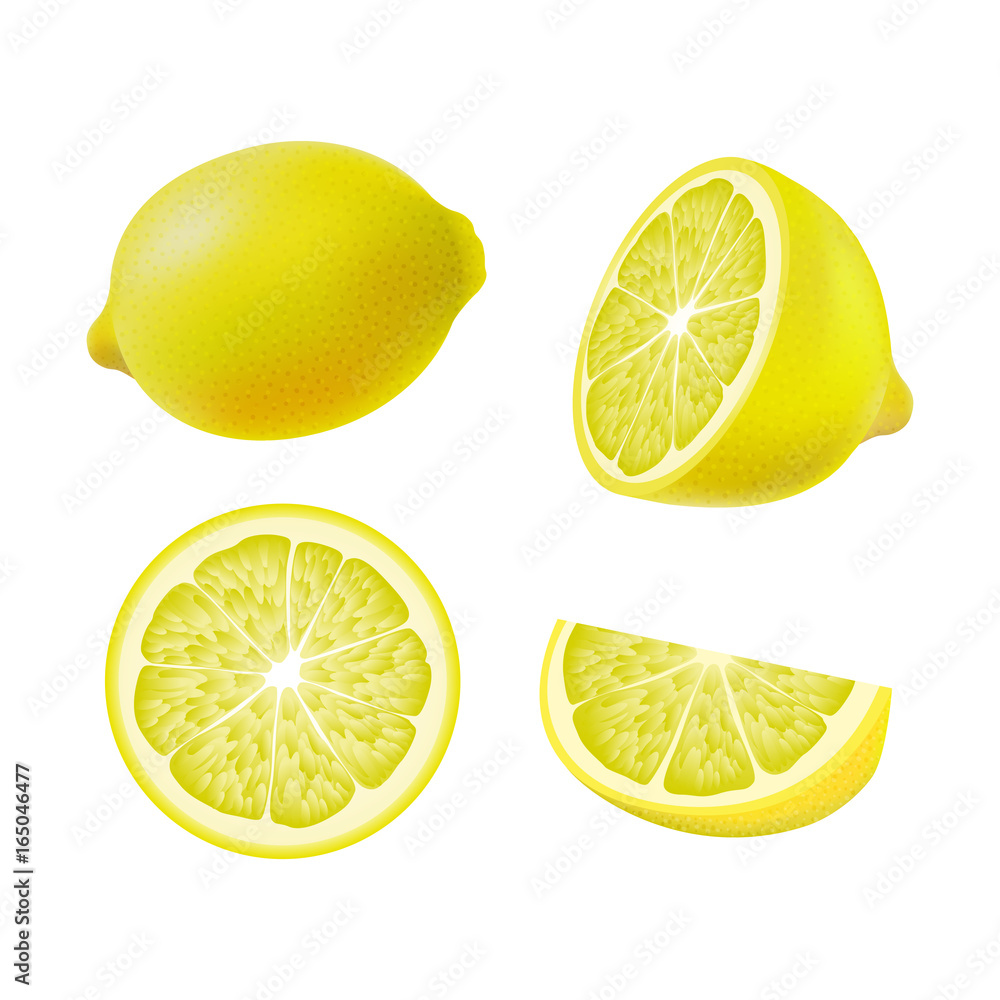 Set of isolated colored lemons, half, slice, circle and whole juicy fruit on white background. Realistic citrus collection.