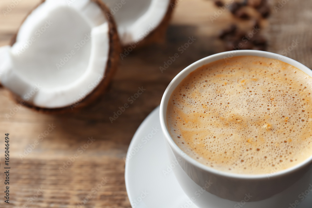 Cup of tasty coconut coffee, closeup Cup of tasty coconut coffee, closeup