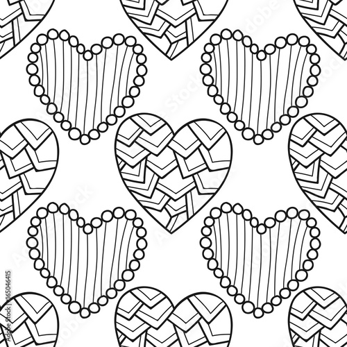 Decorative hearts. Black and white seamless illustration, pattern for coloring book, page
