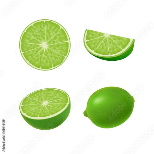 Set of isolated colored green lime, half, slice, circle and whole juicy fruit on white background. Realistic citrus collection.