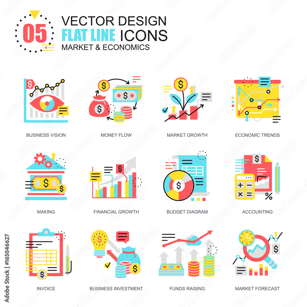 Flat line global market economics icons concepts set for website and mobile site and apps. Funds raising and financial trends. New style flat simple pictogram pack. Vector illustration.