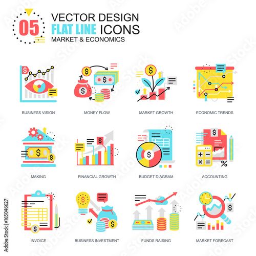 Flat line global market economics icons concepts set for website and mobile site and apps. Funds raising and financial trends. New style flat simple pictogram pack. Vector illustration.