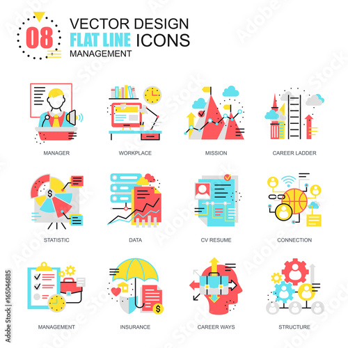 Flat line management icons concepts set for website and mobile site and apps. Business company structure  human resources. New style flat simple pictogram pack. Vector illustration.