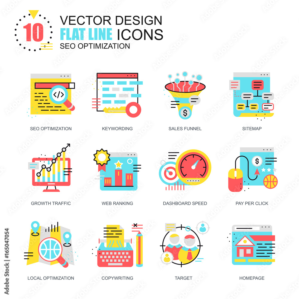Fototapeta premium Flat line seo optimization icons concepts set for website and mobile site and apps. Search optimization, growth traffic and copywriting. New style flat simple pictogram pack. Vector illustration.