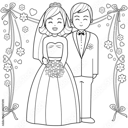 Bride and groom. Vector black and white coloring page.