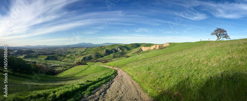 Panorama of lush emerald green hills and hikers in Del Valle Regional Park with Livermore Valley and Mount Diablo in the distance in the winter on a bright sunny day