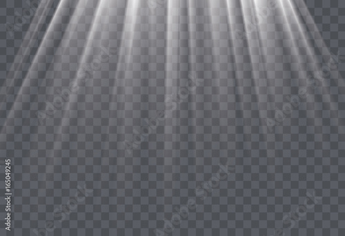 White sun rays and glow light effect on transparent background. Vector illustration.