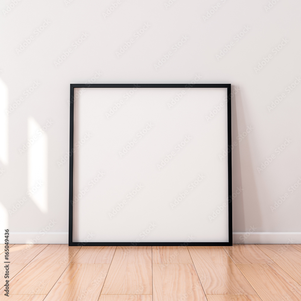Square Poster with Black wooden Frame Mockup standing on the floor. 3d rendering Square Poster with Black wooden Frame Mockup standing on the floor. 3d rendering