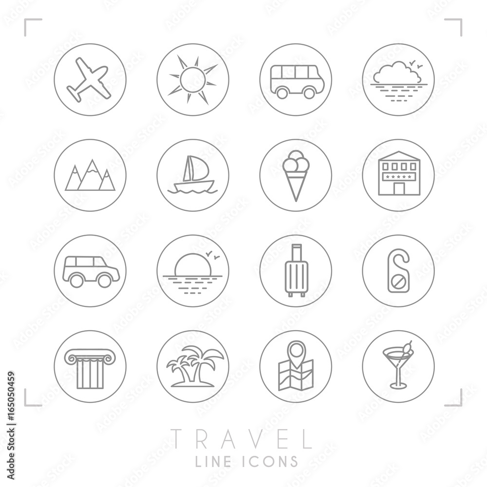 Outline travel line icons set in circles. Airplane, sun, bus, cloud horizon, mountains, yacht, hotel, rent car, luggage, do not disturb message, ionic column, palms, map with points, cocktail.