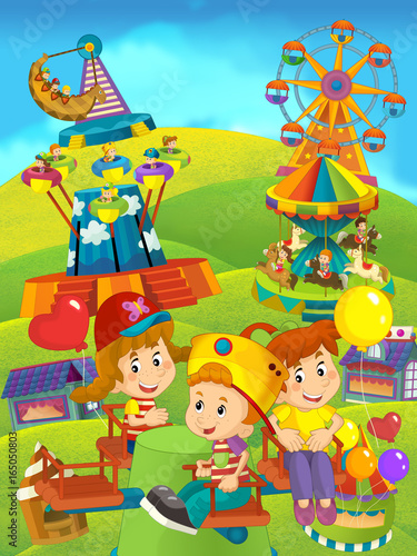 Fototapeta Naklejka Na Ścianę i Meble -  Cartoon happy and funny traditional scene with amusement park - illustration for children