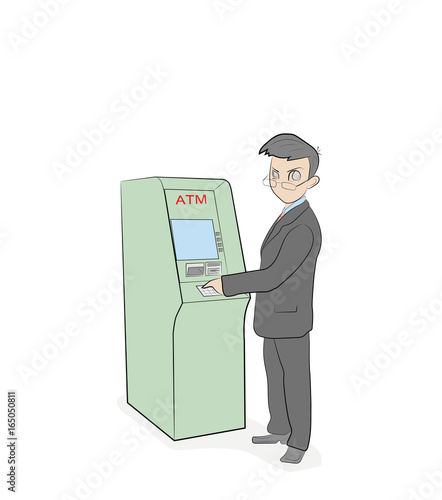 A person is standing near an ATM. vector illustration.