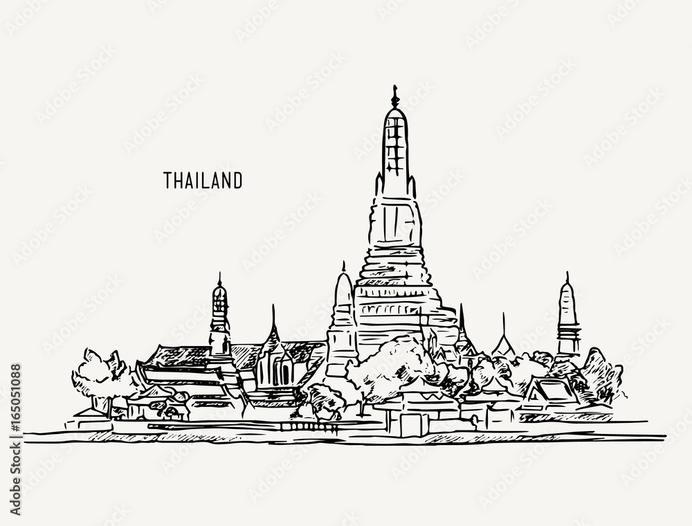 Thai culture concept with han draw sketch temple landscape , sketch line art water color vector.
