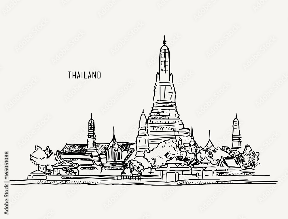 Naklejka premium Thai culture concept with han draw sketch temple landscape , sketch line art water color vector.