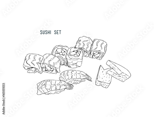 set of sushi , japanese food . hand drawn water color sketch vector.