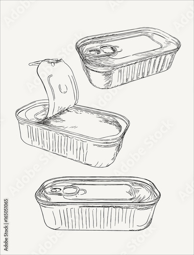 Opened and closed food tin cans, sketch vector.