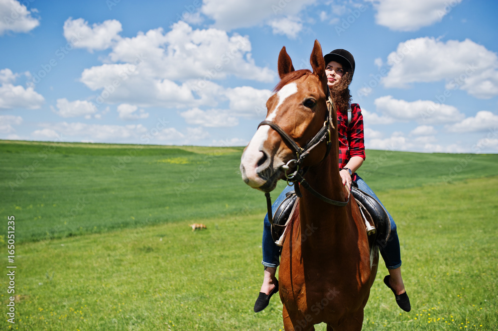 Fototapeta premium Young pretty girl riding a horse on a field at sunny day.
