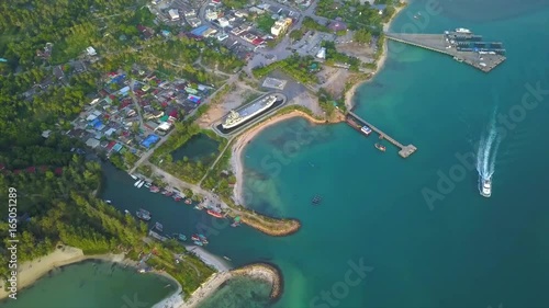 Aerial view from the drone on the island koh Phangan,Thong Sala pier,the most important tourist destination on the islandn photo