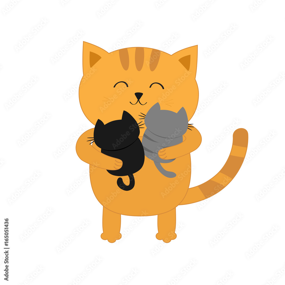Cat hugging two little baby kitten. Father or mother holding kittens on  hands. Kitty hug. Funny Kawaii animal family. Cute cartoon pet character  set. Flat design White background Isolated. Stock Vector |