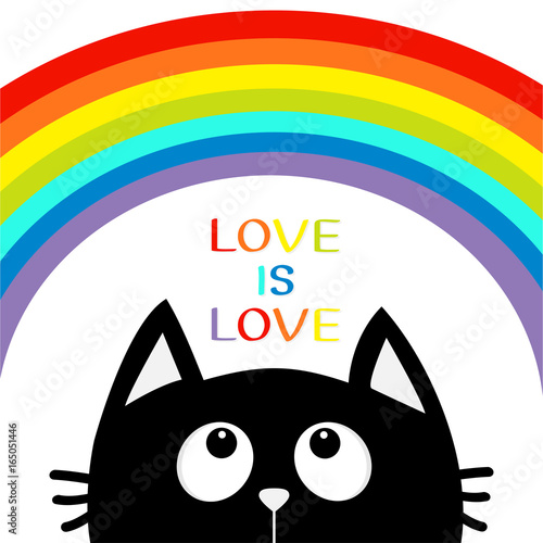 Love is love. Black cat looking up to big rainbow. Cute cartoon character. Valentines Day. Kawaii animal. Love Greeting card. LGBT sign symbol. Flat design. White background. Isolated.