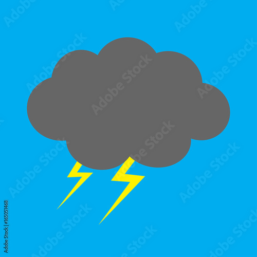 Cute cartoon kawaii dark cloud with thunderbolt. Storm lightning. Isolated. Blue sky background. Baby character collection. Funny illustration. Flat design.