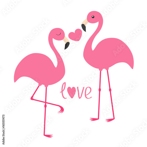 Pink flamingo couple and heart. Word love. Exotic tropical bird. Zoo animal kids collection. Cute cartoon character. Greeting card. Flat design. White background Isolated