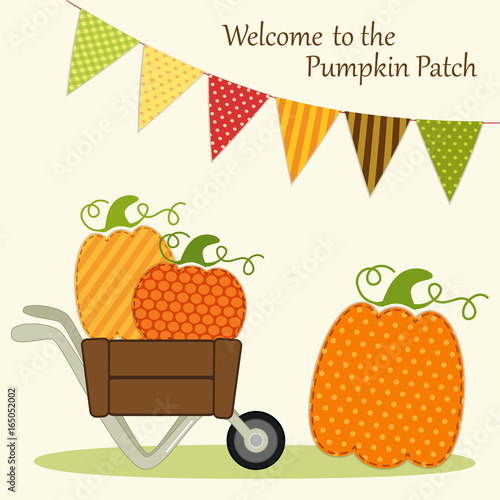 Cute Pumpkin Patch card with bright bunting flags in traditional autumn colors and different pumpkins in wheelbarrow