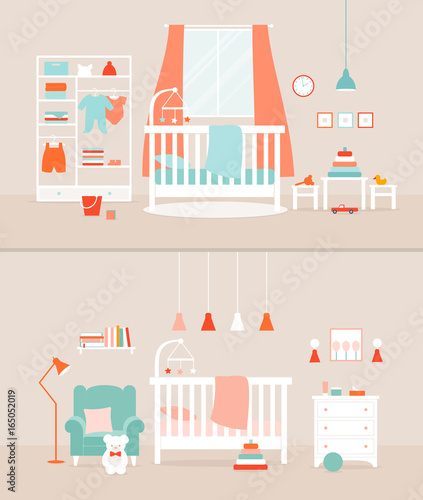 Vector set of baby rooms. Bedroom for girl and boy