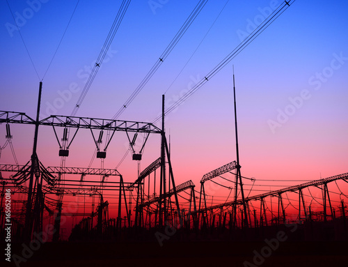 High voltage substation, in the setting sun setting